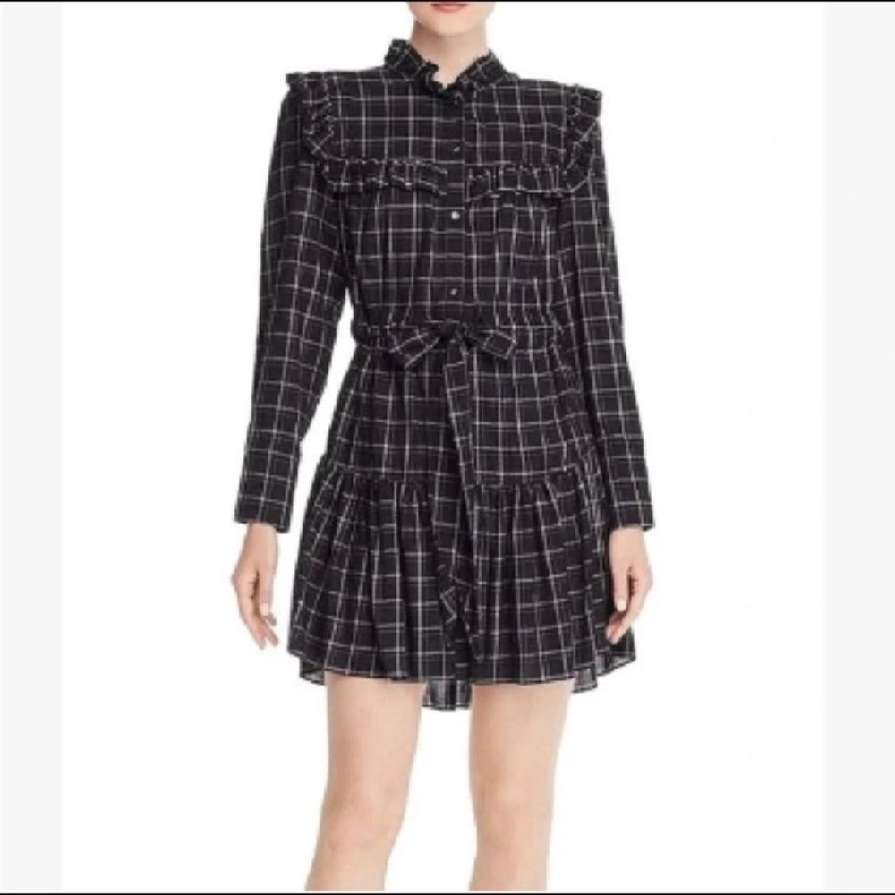 Rebecca Taylor La Vie Drapey Black Plaid Ruffle Dress, Size XS